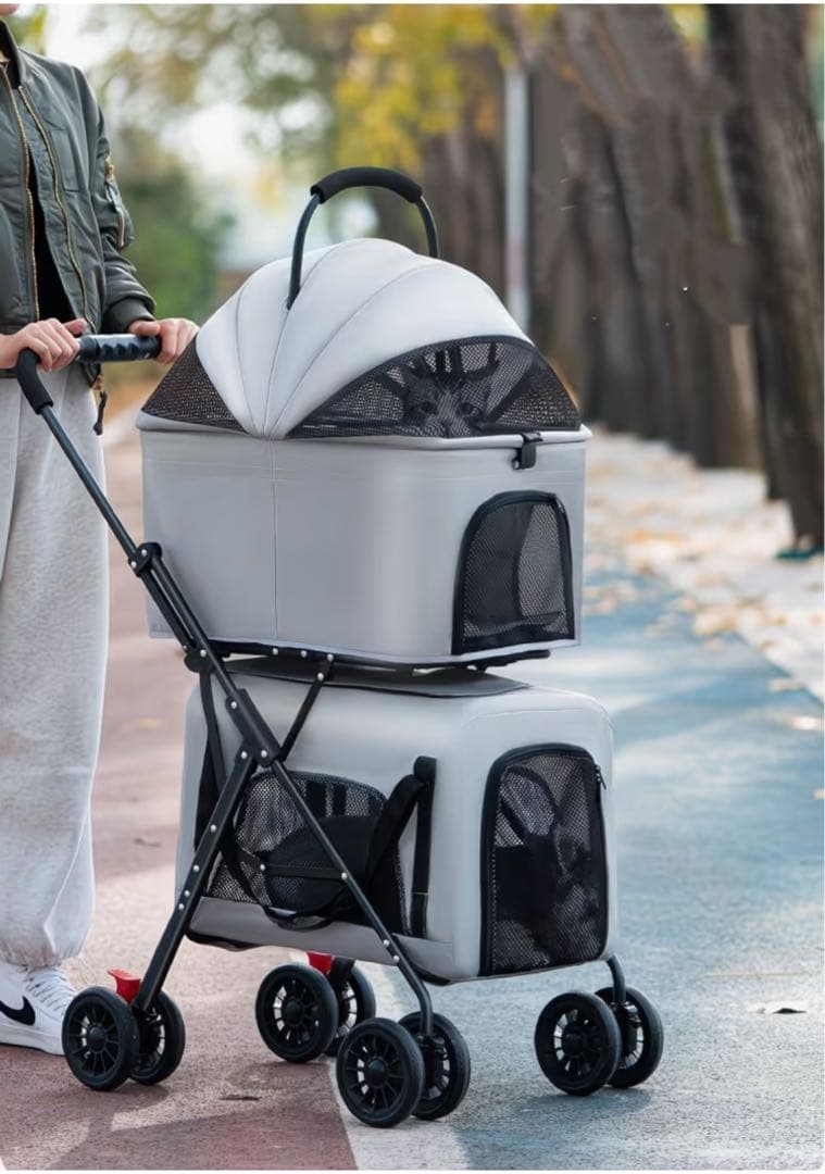 ペットカートブラック色2段式分離型多頭飼い対応軽量 折りたたみ式 犬用カート