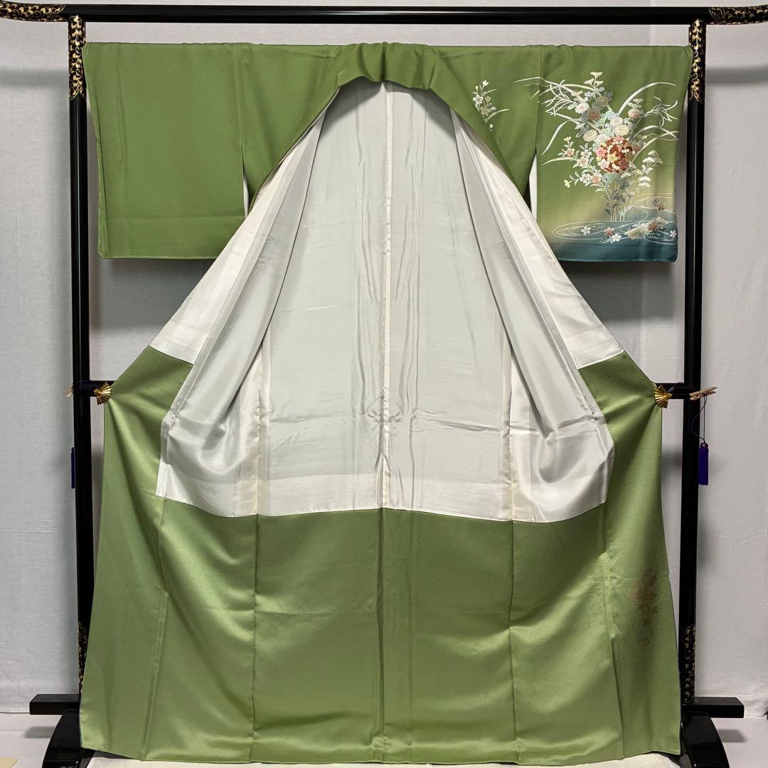 D82訪問着 花模様 流水 金彩 一つ紋 正絹着物 袷 しつけ糸付き未使用極美品