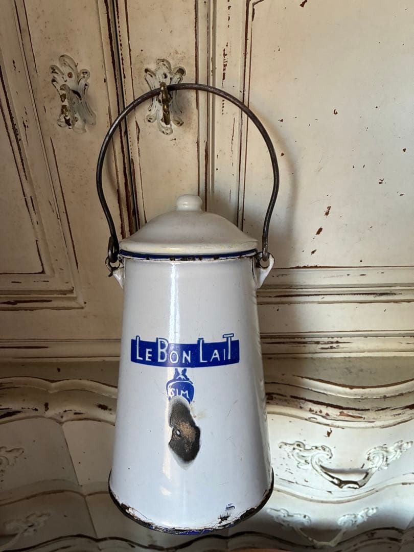 フランス　アンティーク ホーロー ミルク　ポット　キャリー 缶　Maggi青文字