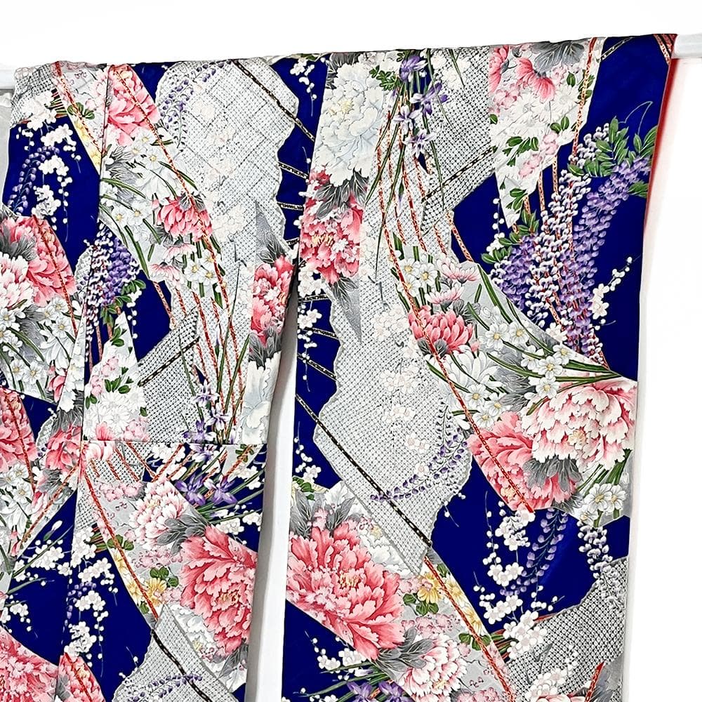 千總 振袖 正絹 青 友禅染 綸子 ちりめん 中古 花 №ymk0085