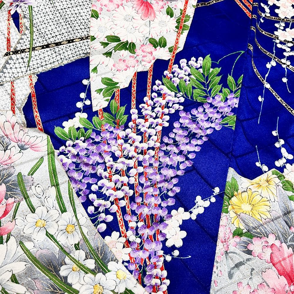 千總 振袖 正絹 青 友禅染 綸子 ちりめん 中古 花 №ymk0085