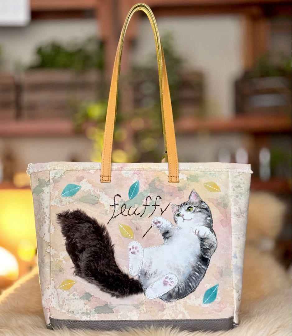 (手づくり)\"ふわふわ軽いネコ\"アップリケねこトートバッグ