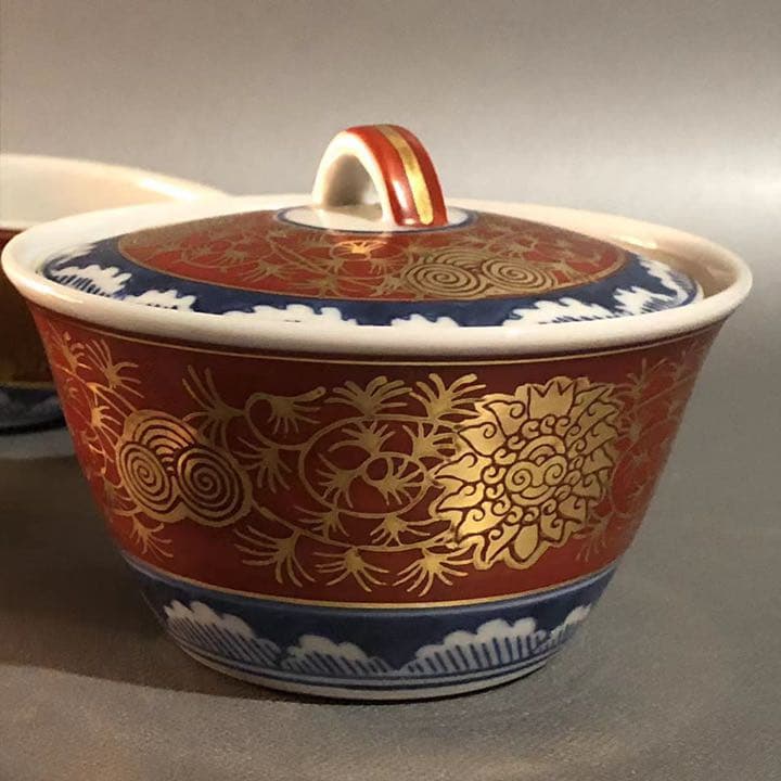 H676、九谷焼 上長右衛門 金蘭手 茶器7点セット