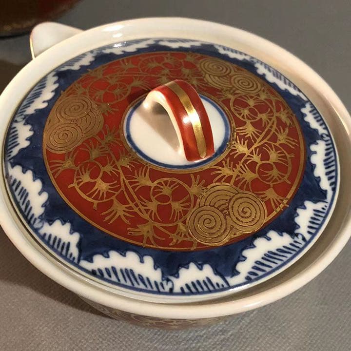 H676、九谷焼 上長右衛門 金蘭手 茶器7点セット