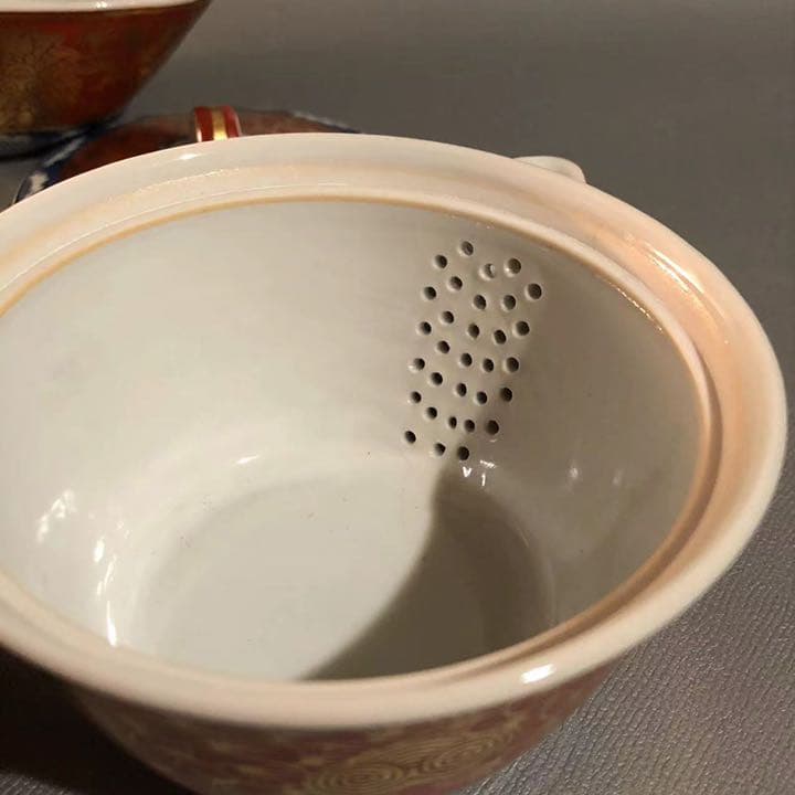 H676、九谷焼 上長右衛門 金蘭手 茶器7点セット