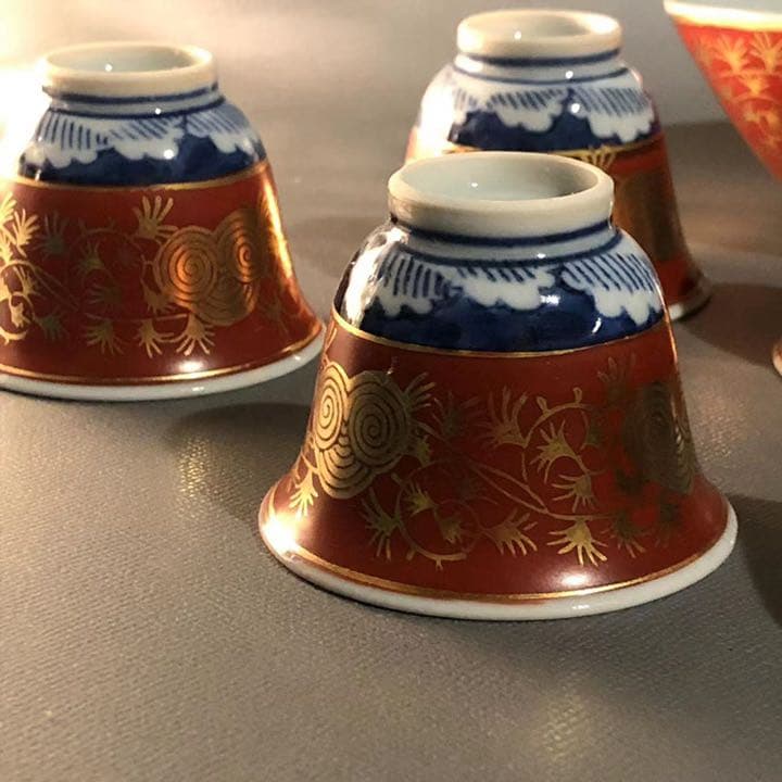 H676、九谷焼 上長右衛門 金蘭手 茶器7点セット