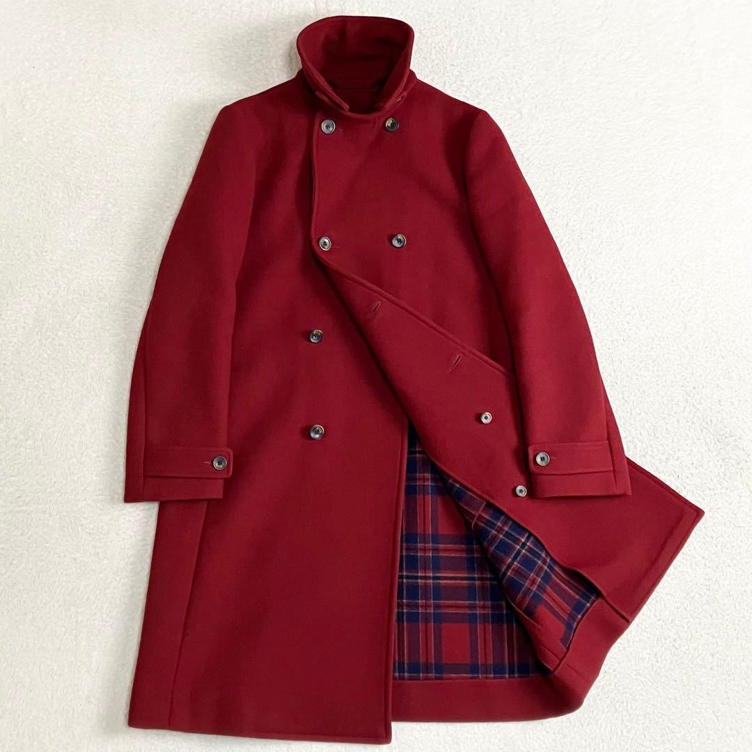 45R ウールコート　ピーコート　ダブルブレスト　サイズ1 レッド　裏地チェック