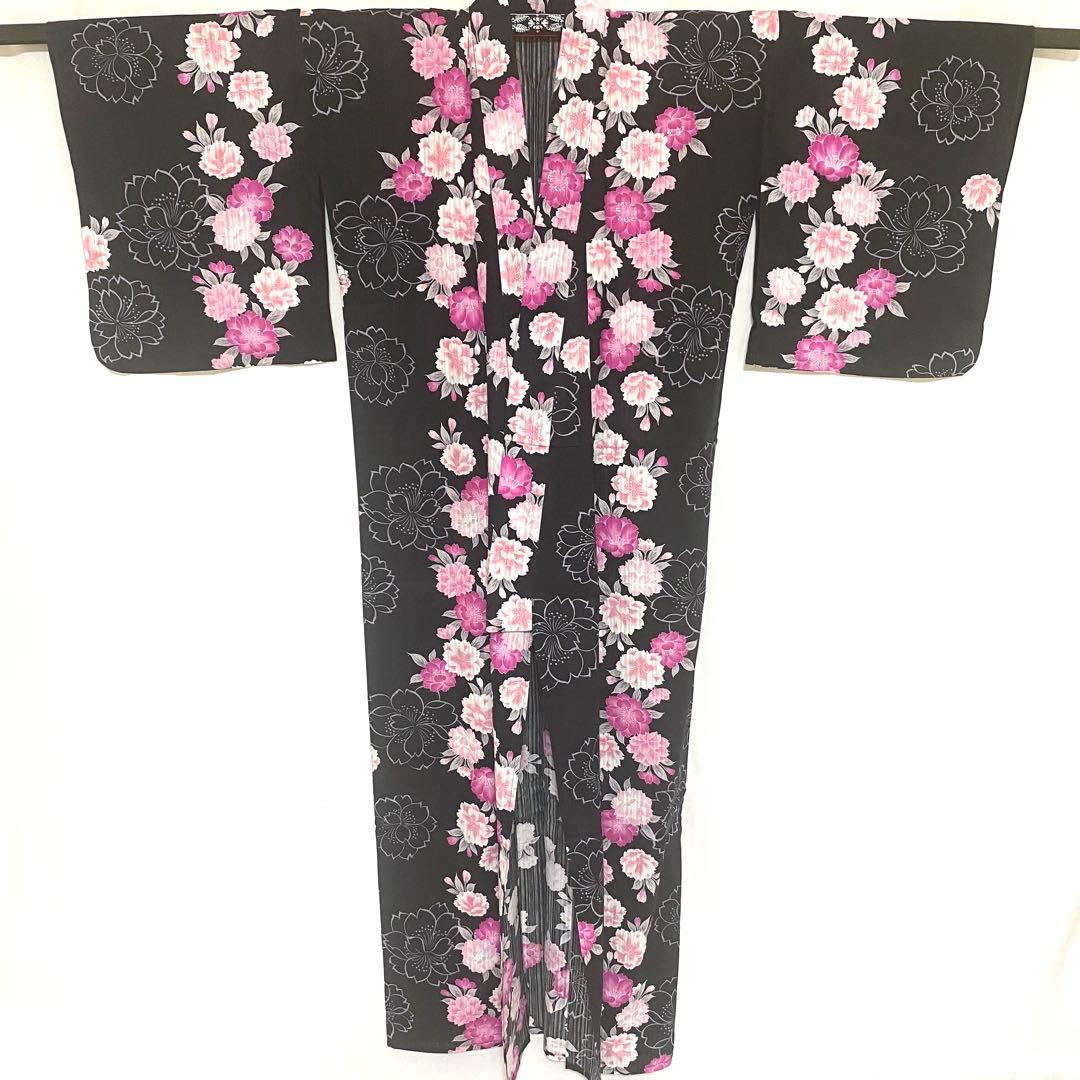 5k1818 浴衣　綿　単衣　黒　赤　ピンク　白　花柄　和装　着物