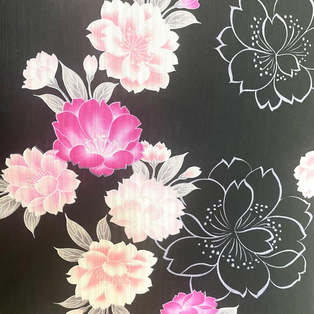 5k1818 浴衣　綿　単衣　黒　赤　ピンク　白　花柄　和装　着物