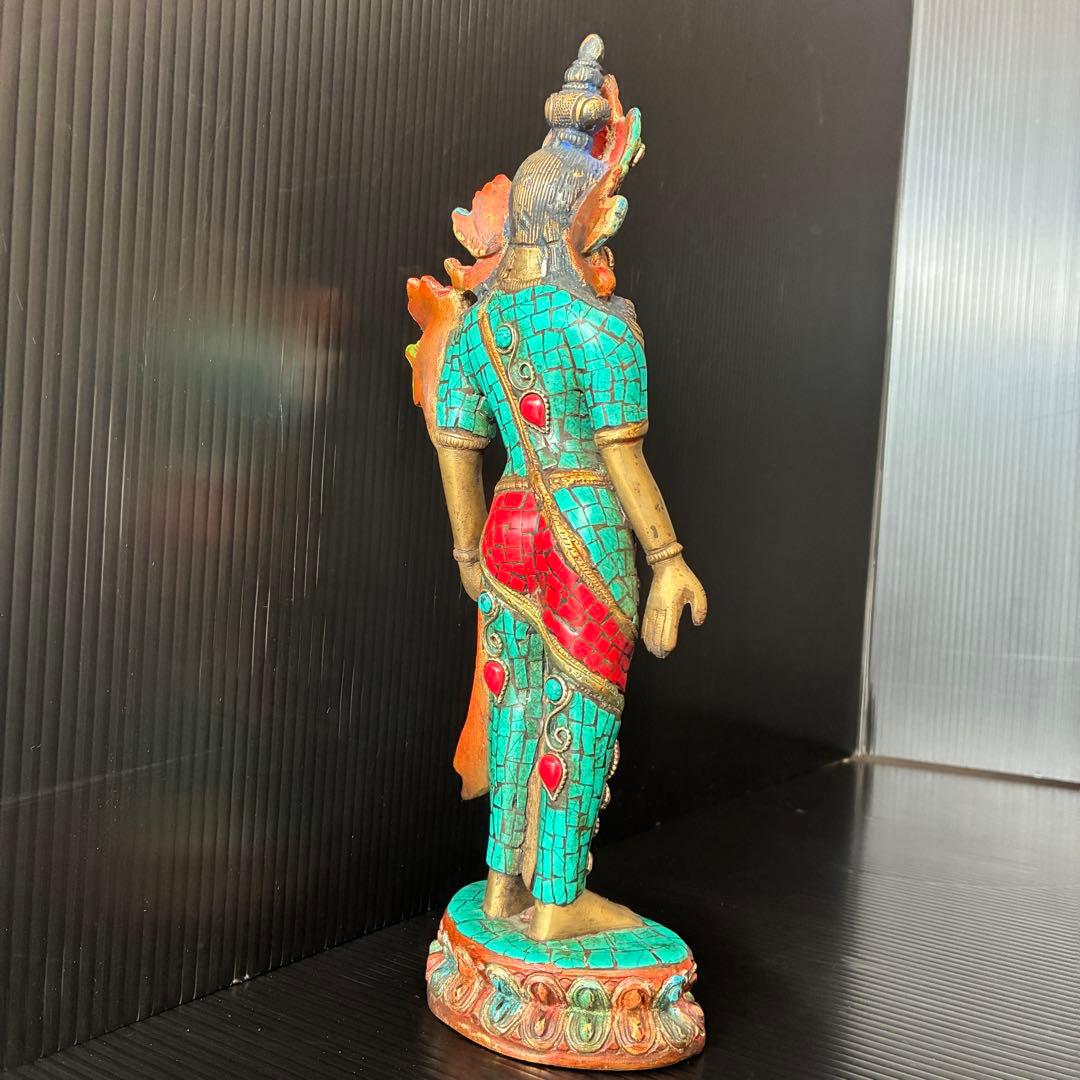 チベット 仏教 仏像 観音菩薩 ターコイズ象嵌 ブロンズ1.9kg 29cm