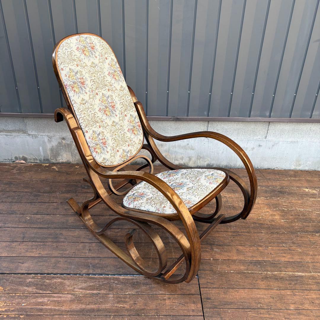 昭和レトロ 木製 ベントウッド 花柄ゴブラン織り ロッキングチェア アームチェア