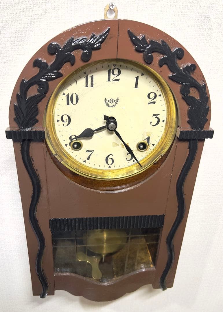 振り子時計Nマーク日本時計ゼンマイ掛け時計柱時計ボンボン時計古時計　稼働品