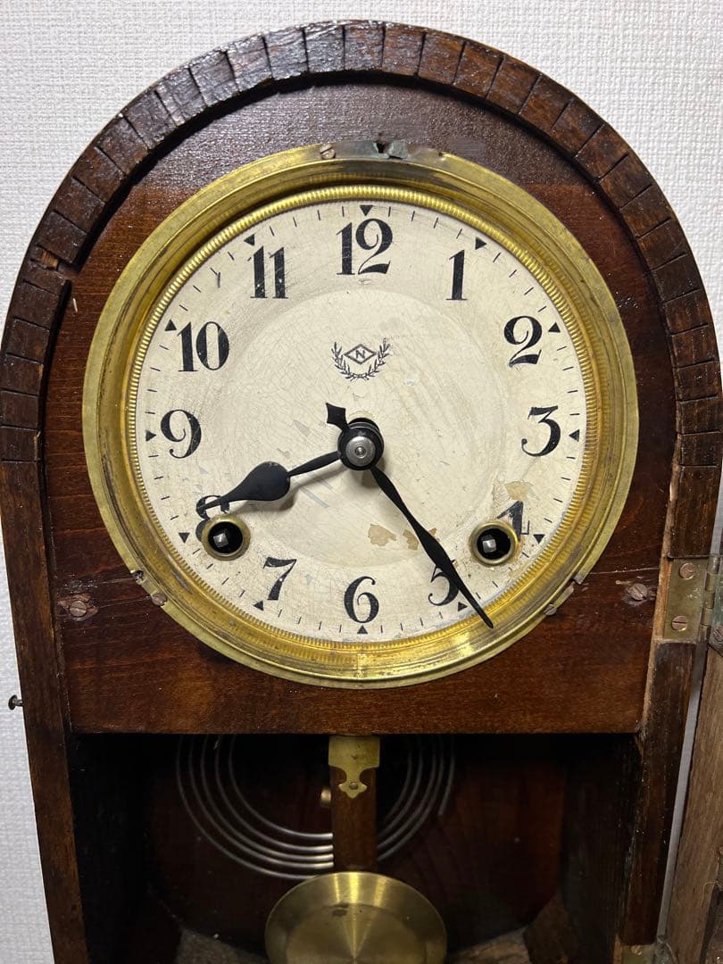 振り子時計Nマーク日本時計ゼンマイ掛け時計柱時計ボンボン時計古時計　稼働品