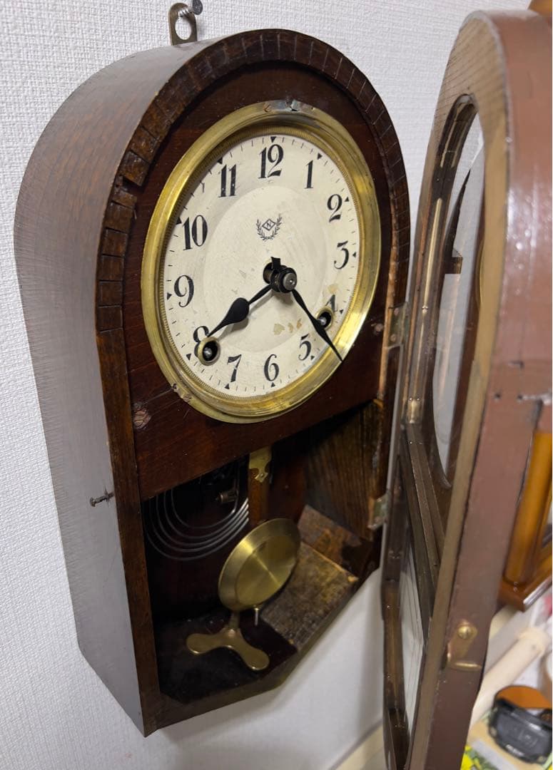 振り子時計Nマーク日本時計ゼンマイ掛け時計柱時計ボンボン時計古時計　稼働品