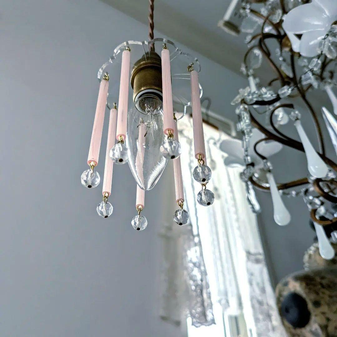 dフランスアンティーク　ピンクオパリンストロードロップ　ミニシャンデリアシェード