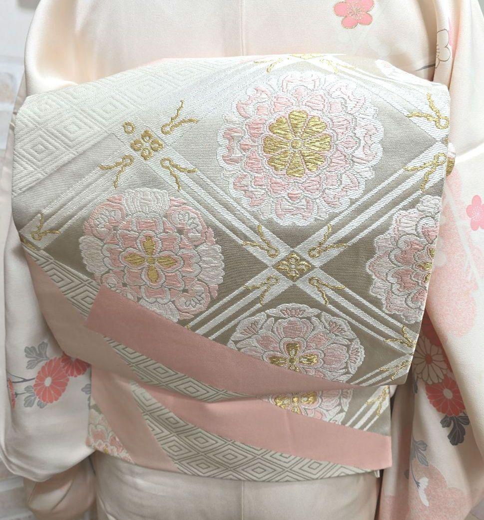 オフホワイト菊梅訪問着と袋帯・帯揚げ帯締めの4点フルセット