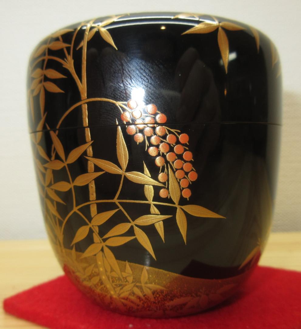 送料込【逢絢亭】茶道具 大棗 南天蒔絵 宗偏流書付 真塗 漆匠 松寛作 共箱入り