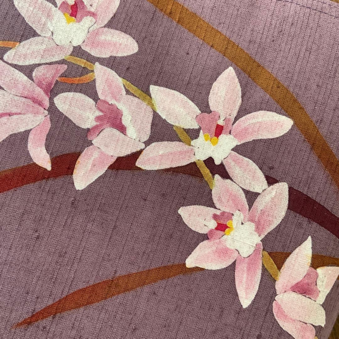 海老染色の紬　蘭のお花　リメイク　山葡萄ハンドルバッグ