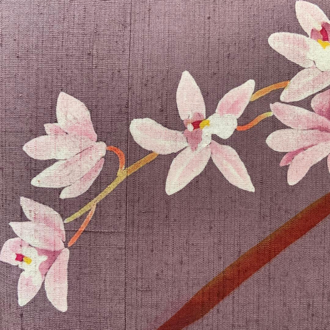 海老染色の紬　蘭のお花　リメイク　山葡萄ハンドルバッグ