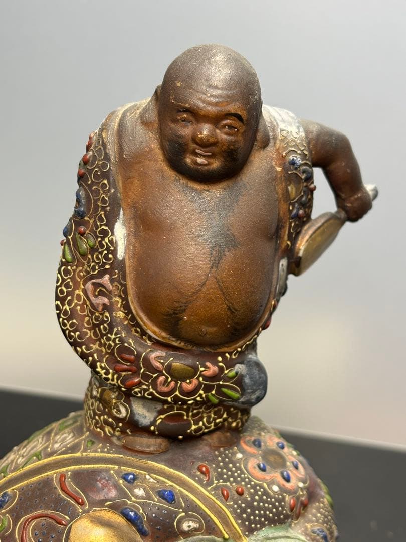 古九谷造 金襴手 金彩色絵細密絵付 布袋像 古陶磁製 薩摩焼 骨董品 古美術品