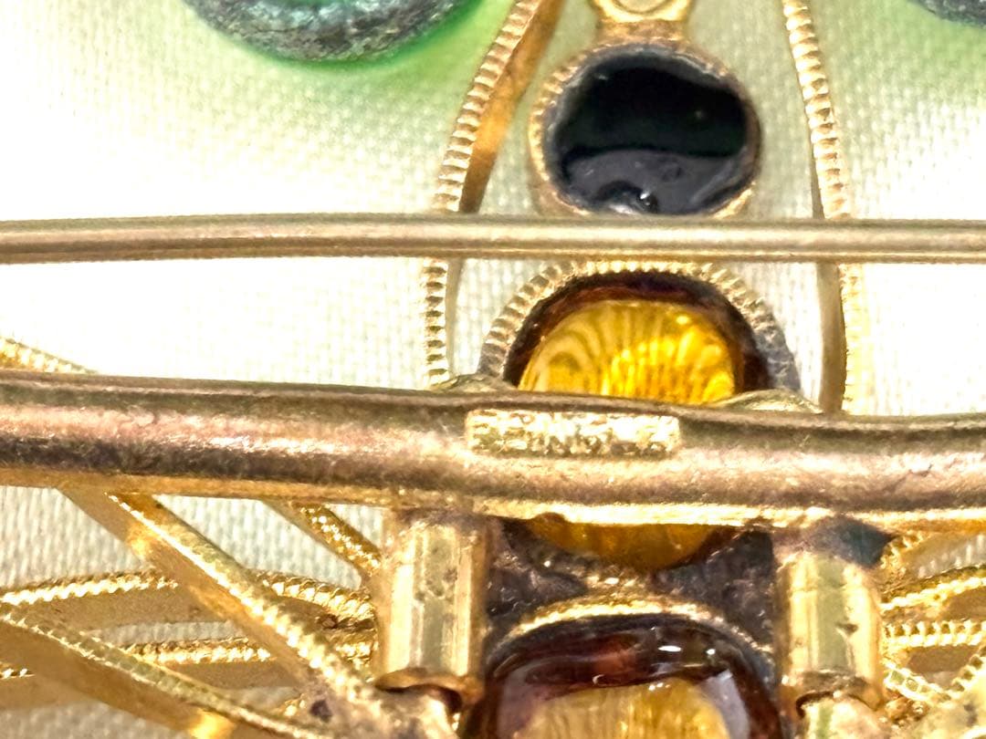 フランス製 ヴィンテージ カラーガラス ゴールド ちょうちょ ブローチ