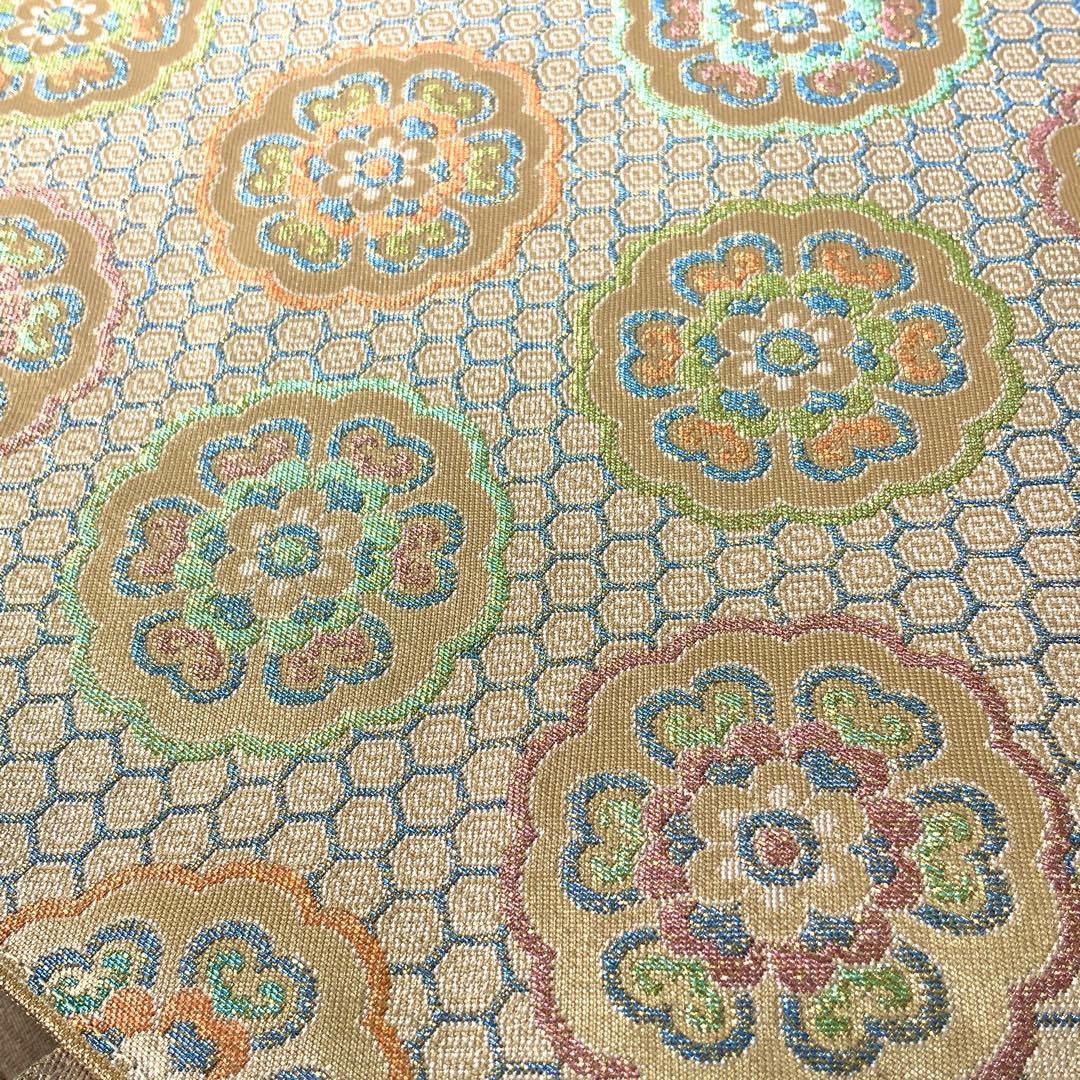 袋帯　きらめく吉祥花文　リメイク　バンブーハンドルバッグ　浅型マチ広め