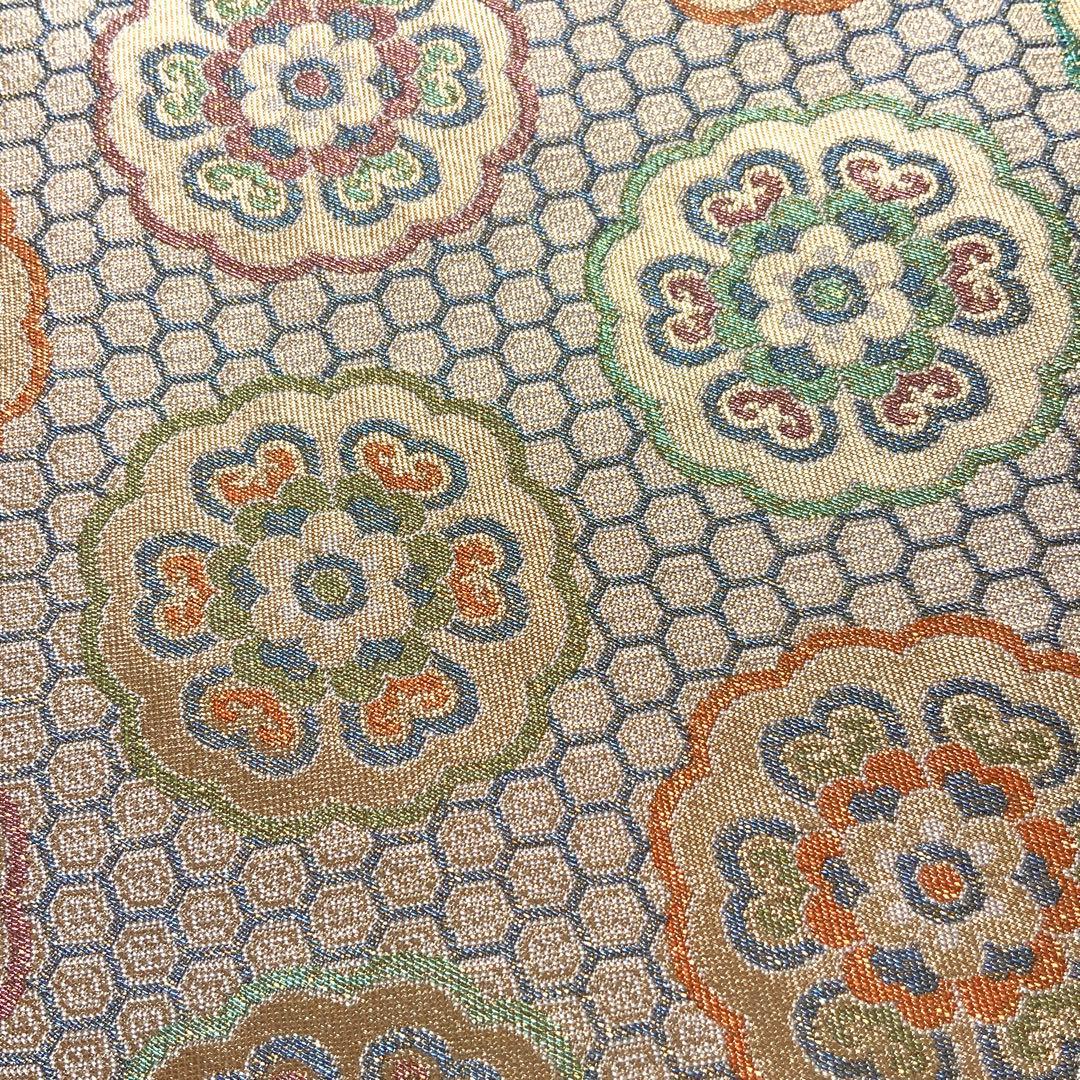 袋帯　きらめく吉祥花文　リメイク　バンブーハンドルバッグ　浅型マチ広め