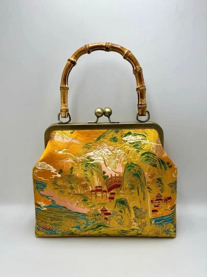 【ハンドメイド】がま口 ハンド バッグ バンブー 持ち手