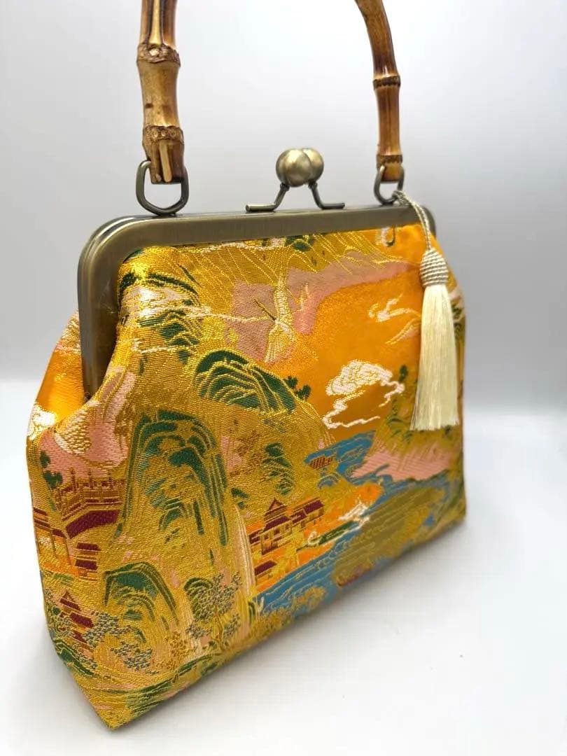 【ハンドメイド】がま口 ハンド バッグ バンブー 持ち手