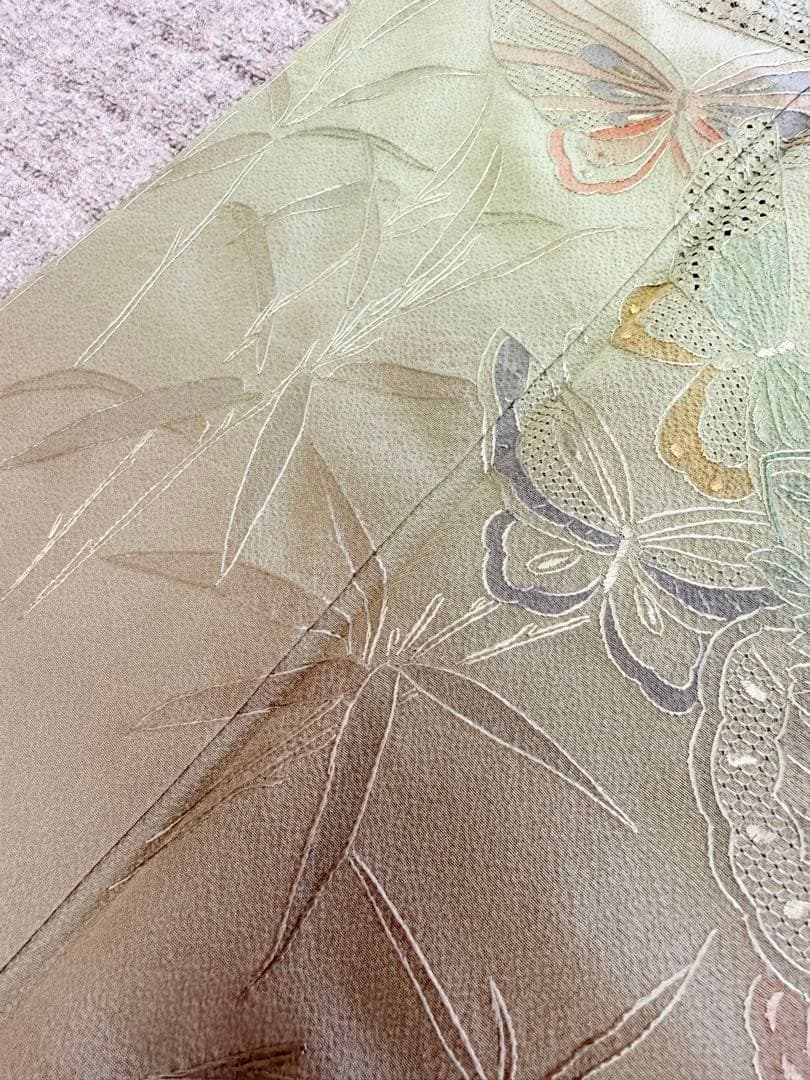 高級 訪問着 正絹 袷 汕頭刺繍 スワトウ 中国刺繍 グリーン 暈し染め