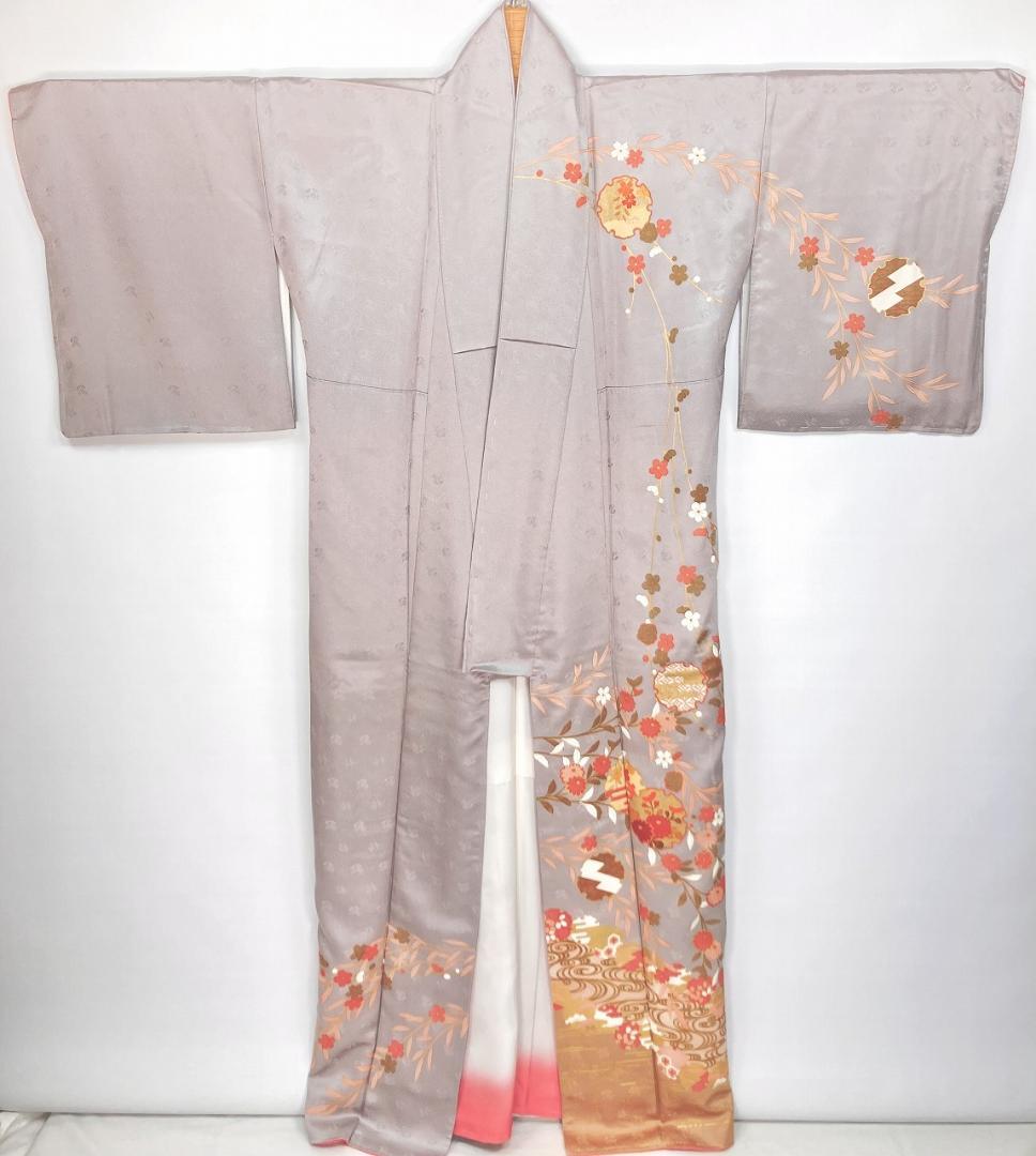 未使用 京友禅 雪輪 花柄 訪問着 袷 金彩 紫 オレンジ ベージュ 1391