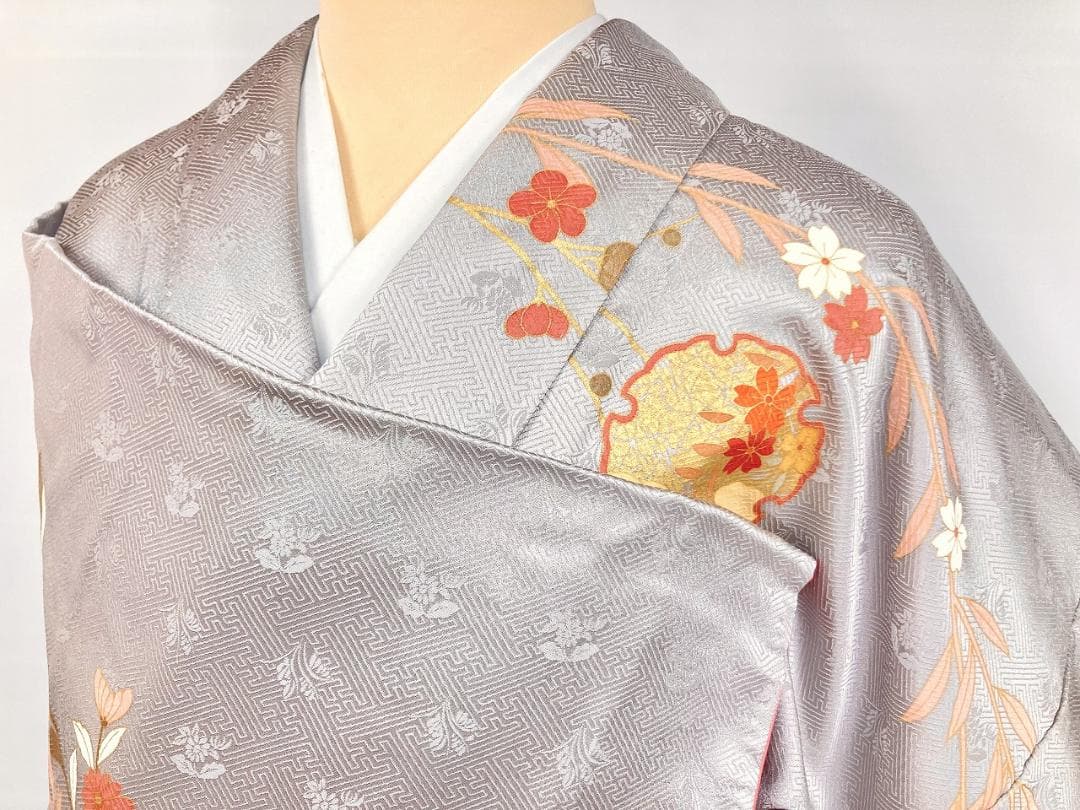 未使用 京友禅 雪輪 花柄 訪問着 袷 金彩 紫 オレンジ ベージュ 1391