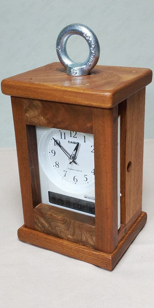 V016総欅板材M16アイボルト付電波目覚まし時計（カシオTQT−351NJ使用