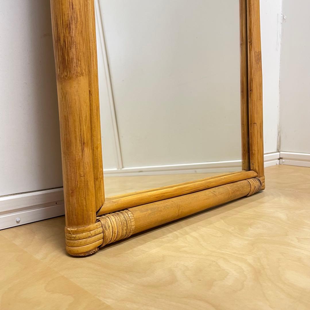 籐ラタン 大型ミラー 鏡 壁掛け アーチ型 全身 姿見 アンティーク ビンテージ