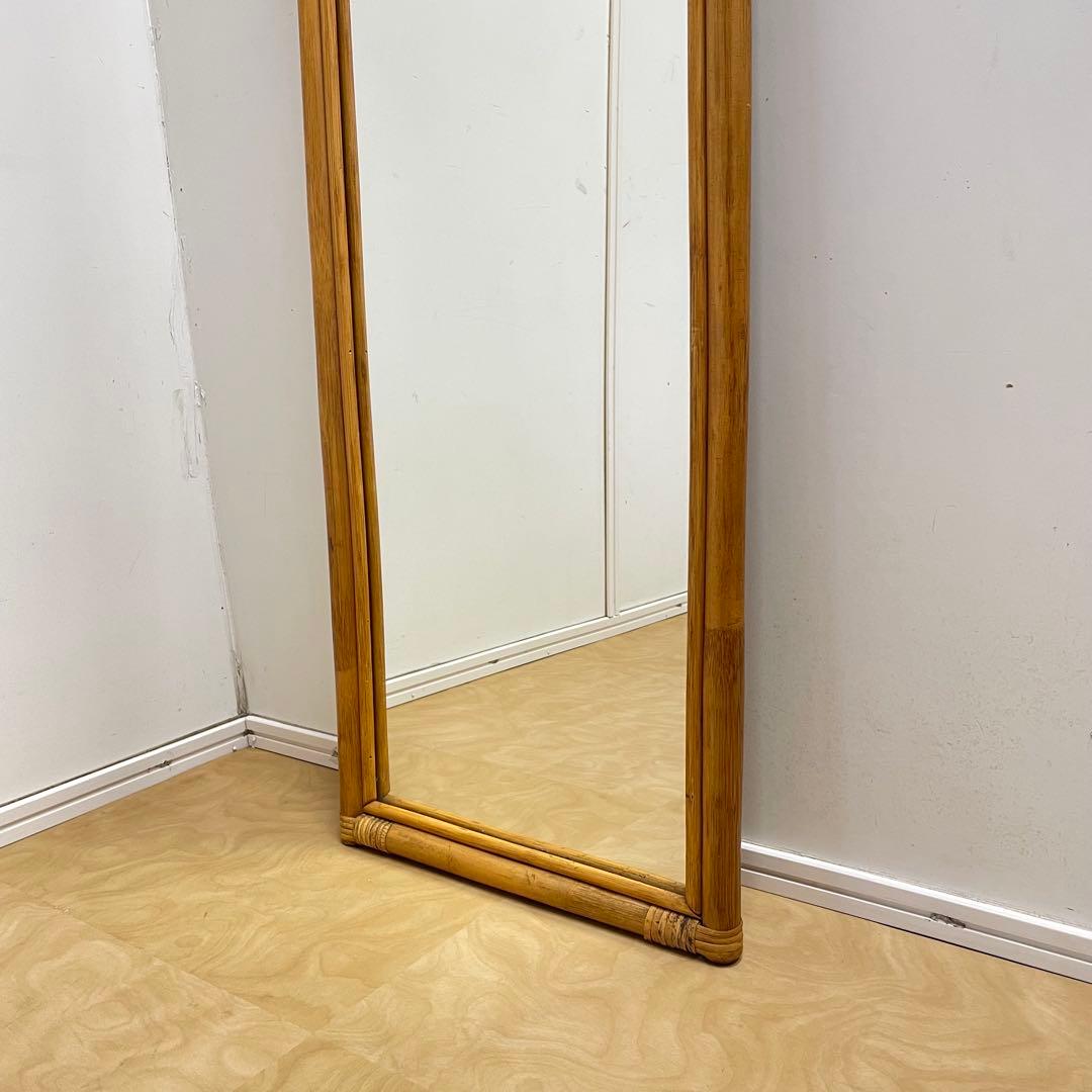 籐ラタン 大型ミラー 鏡 壁掛け アーチ型 全身 姿見 アンティーク ビンテージ