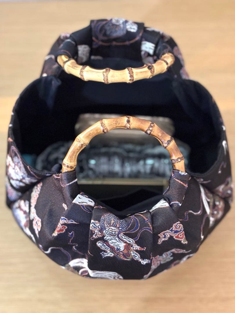 京都西陣織金蘭生地　風神雷神（黒）和装バック着物バック　入学卒業結婚式七五三振袖