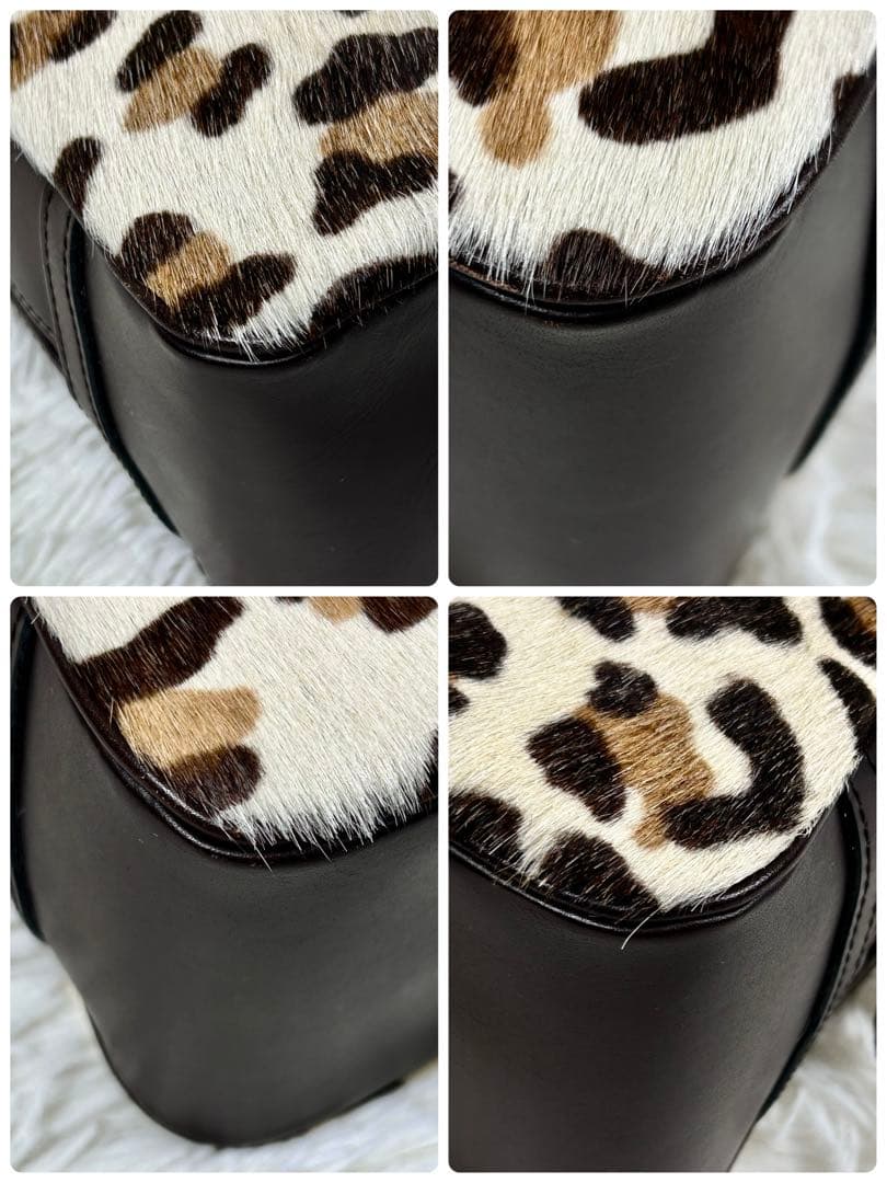 美品✨ 濱野皮革工藝 ハラコ レザー ハンドバッグ レオパード 皇室御用達 茶