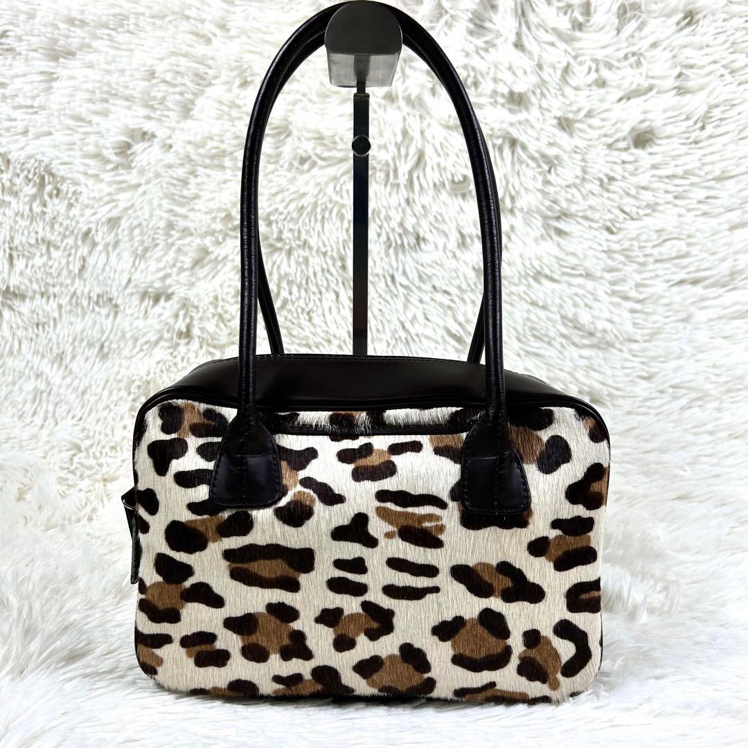 美品✨ 濱野皮革工藝 ハラコ レザー ハンドバッグ レオパード 皇室御用達 茶