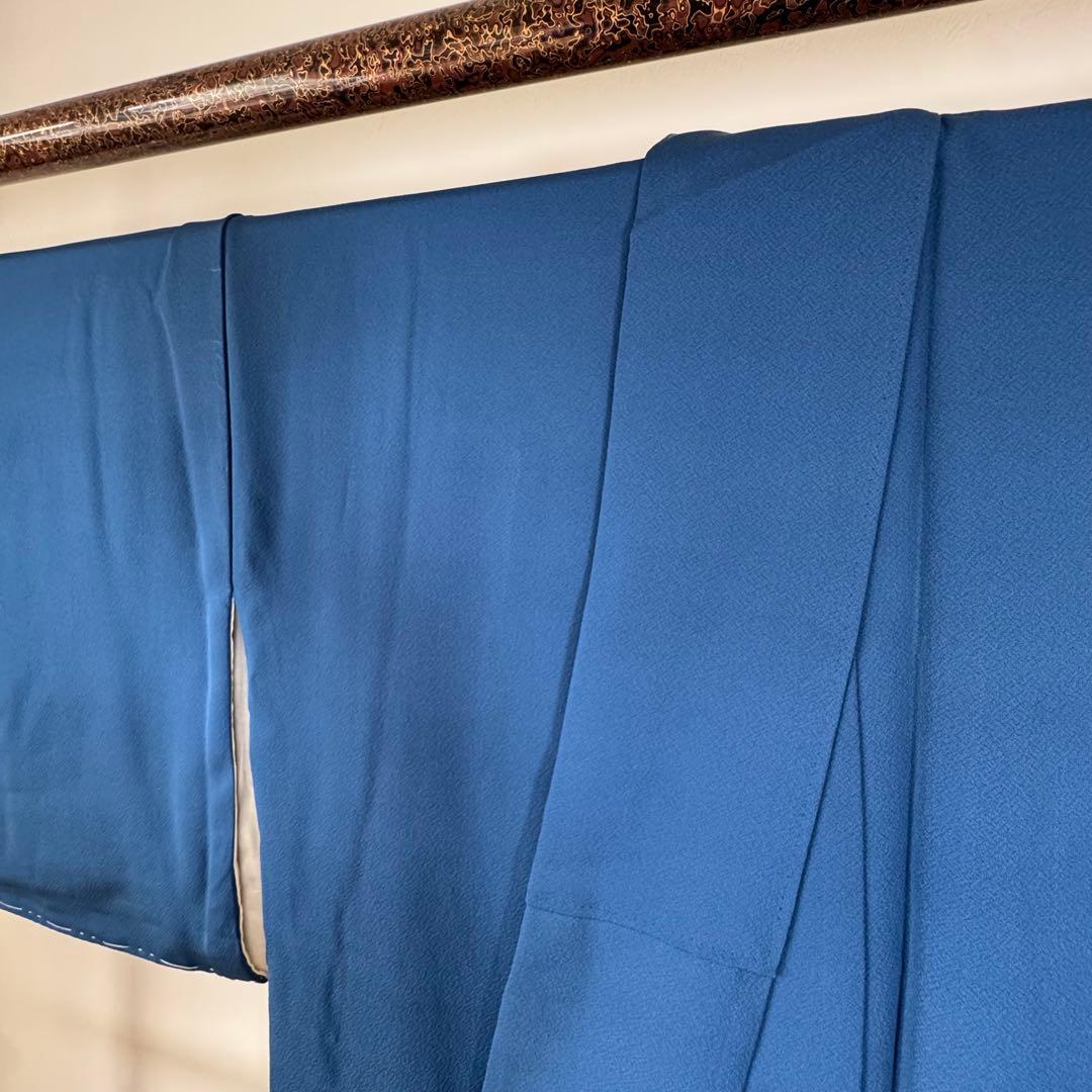 しつけ付　着物　正絹　袷　色無地　176　裄69 青　　ロイヤルブルー　トール