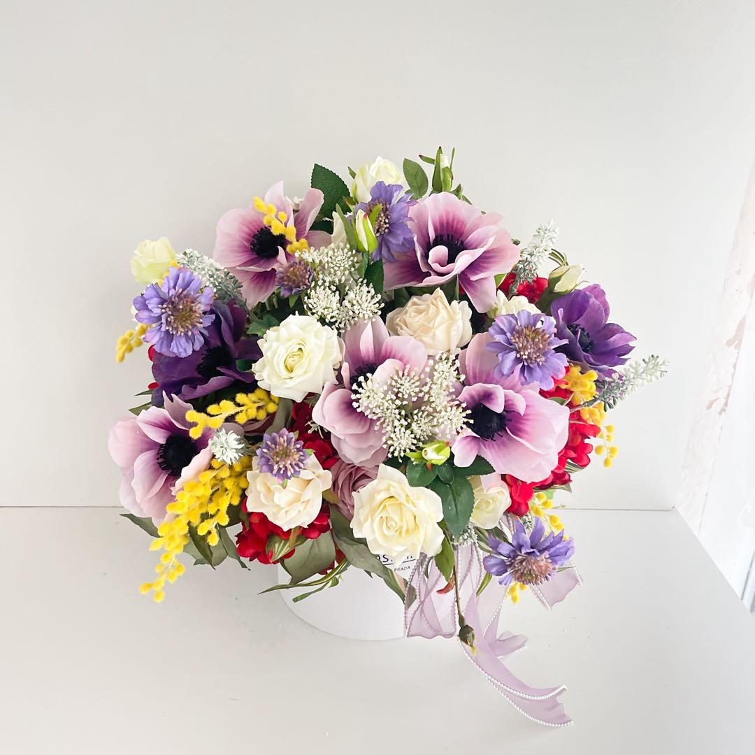 光触媒フラワー アネモネとミモザの春彩ボックスフラワー｜華やか春ギフト 春飾り