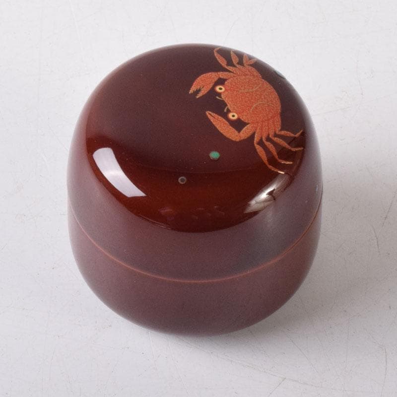 茶道具　山中塗　中嶋宗峰作　桜材　蟹蒔絵　下膨形香合　共箱　V　7507