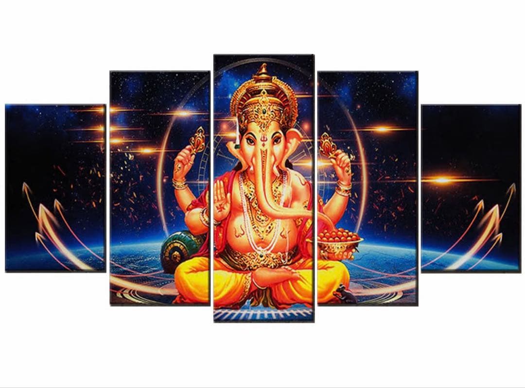 置物 5-piece Ganesha multi-panel canvas art.