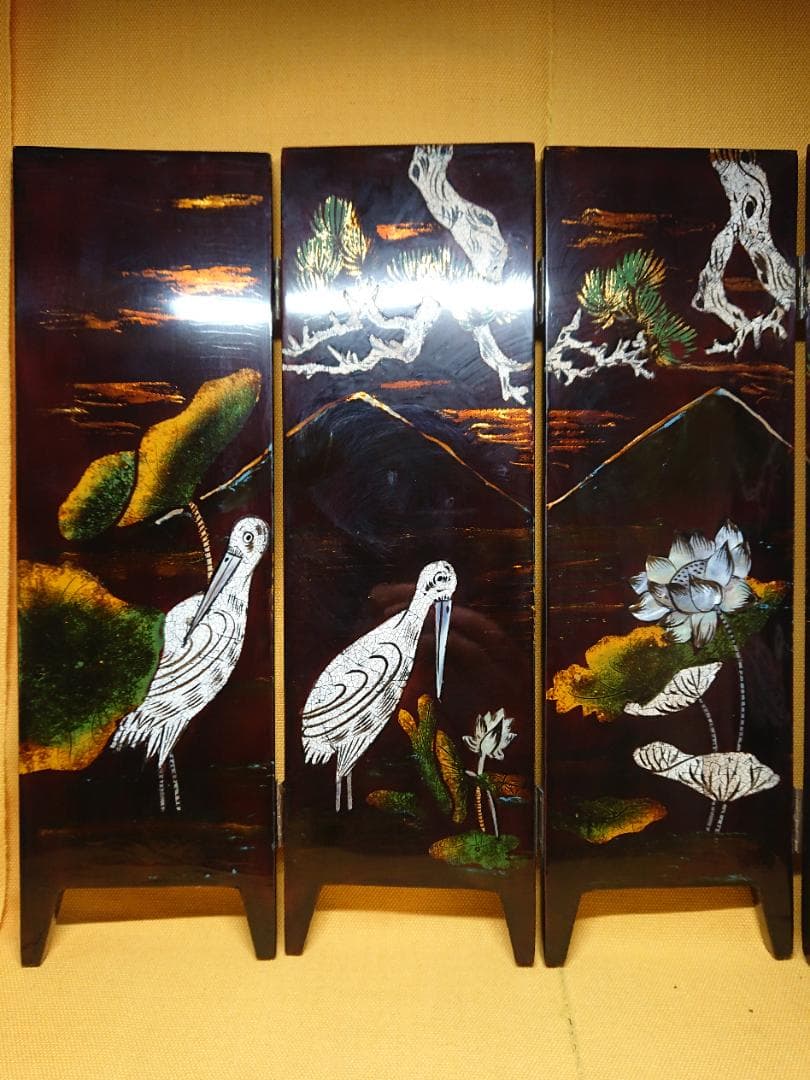 屏風　螺鈿細工　山水花鳥画　漆塗　置物　インテリア　工芸品　美術品　A2866