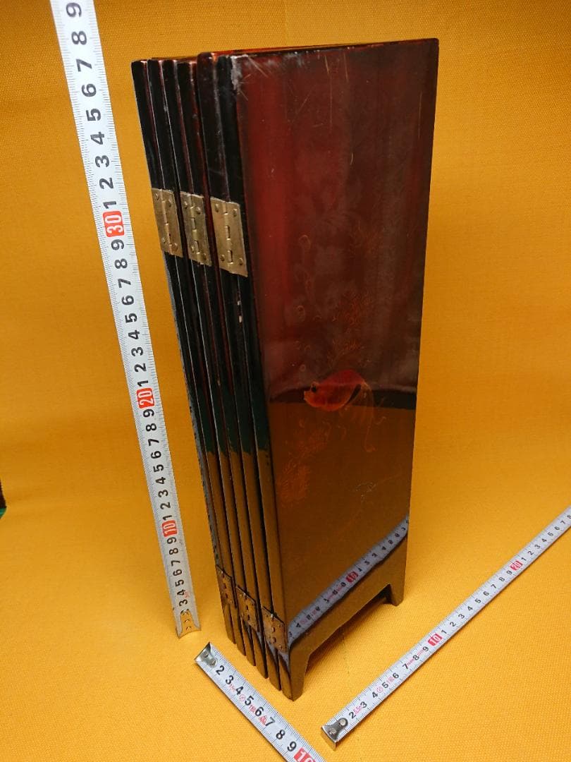 屏風　螺鈿細工　山水花鳥画　漆塗　置物　インテリア　工芸品　美術品　A2866