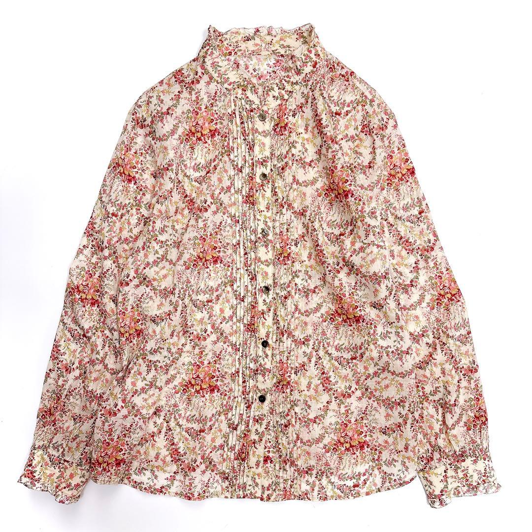 美品 Leilian レリアン コットンリネン 花柄 ピンタックブラウス 13＋