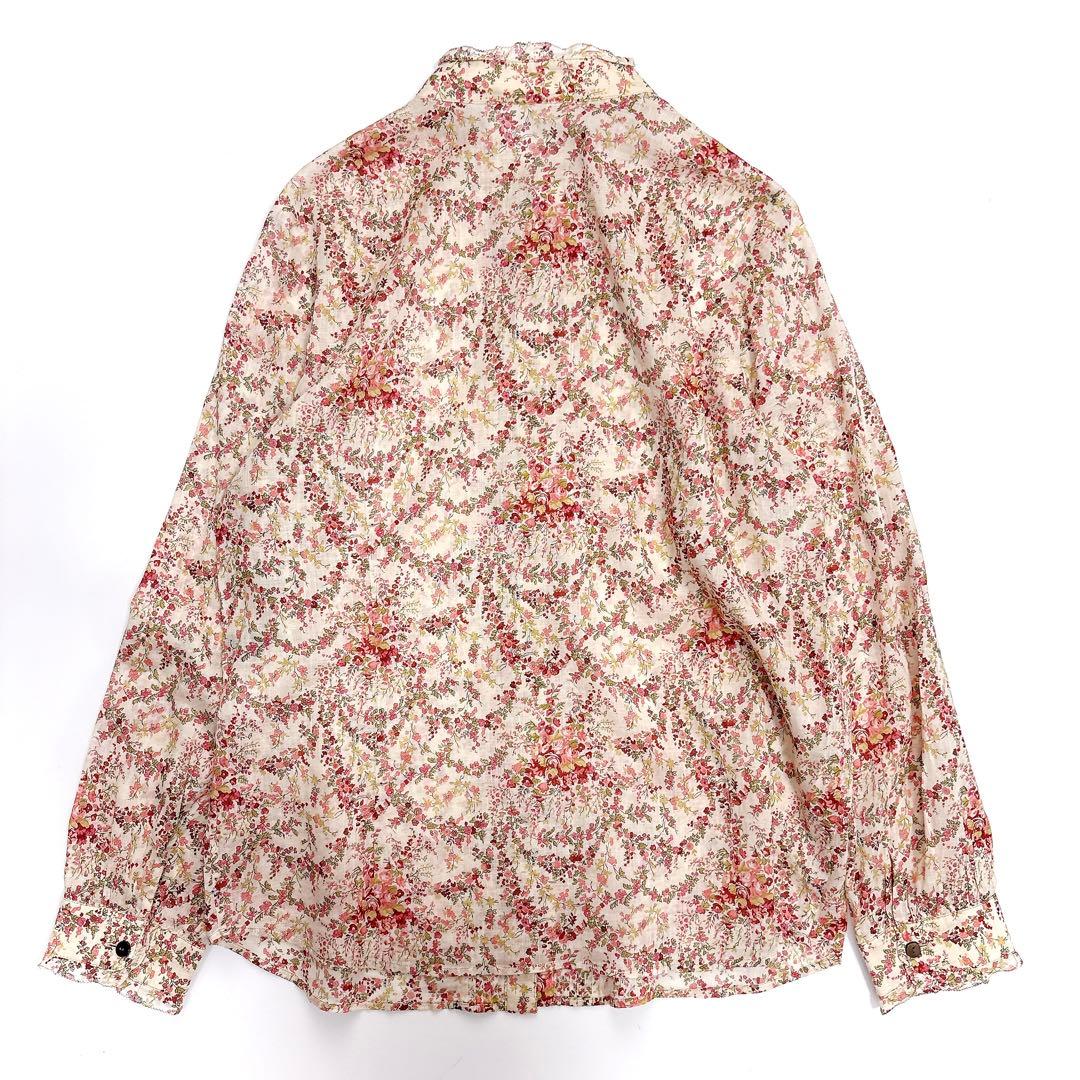 美品 Leilian レリアン コットンリネン 花柄 ピンタックブラウス 13＋