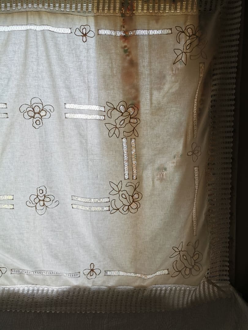 アンティークイタリア 淡いピンク 花刺繍＆ドローンワーク クロシェレースクロス