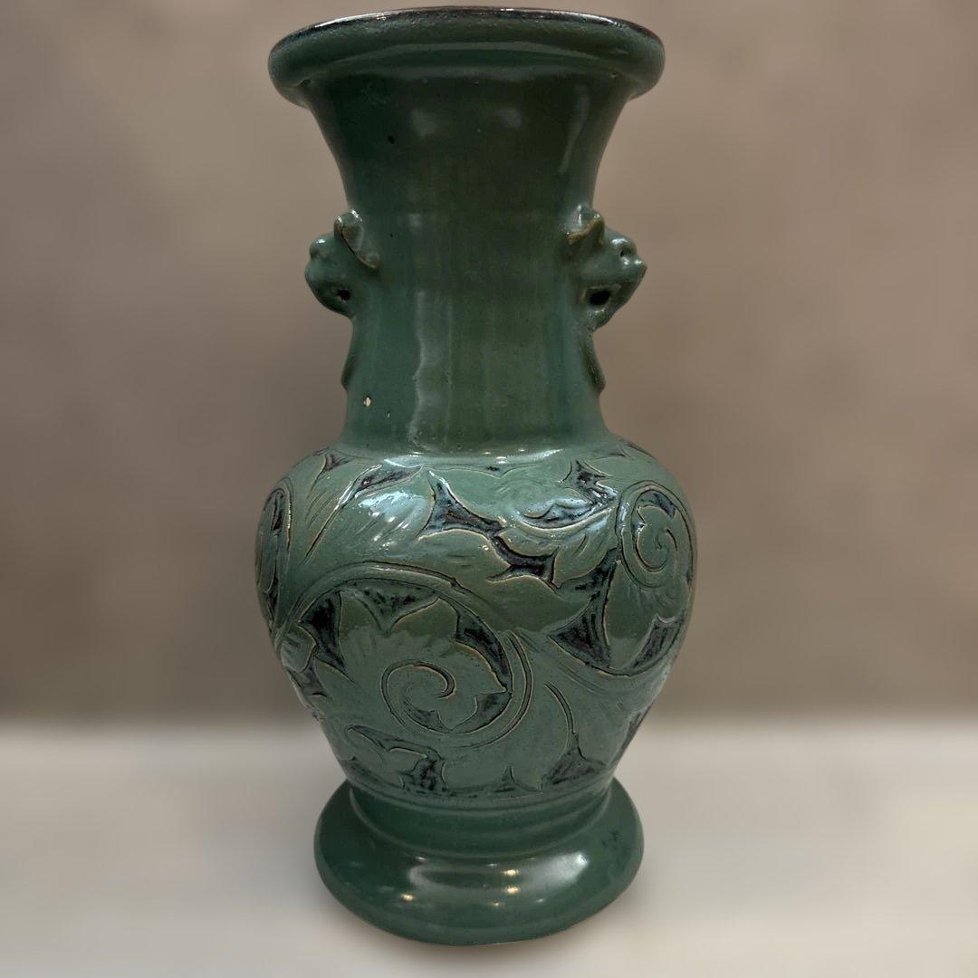 壺屋焼.小橋川永弘.緑釉.唐草.掻き落とし.線彫り.ビンテージ