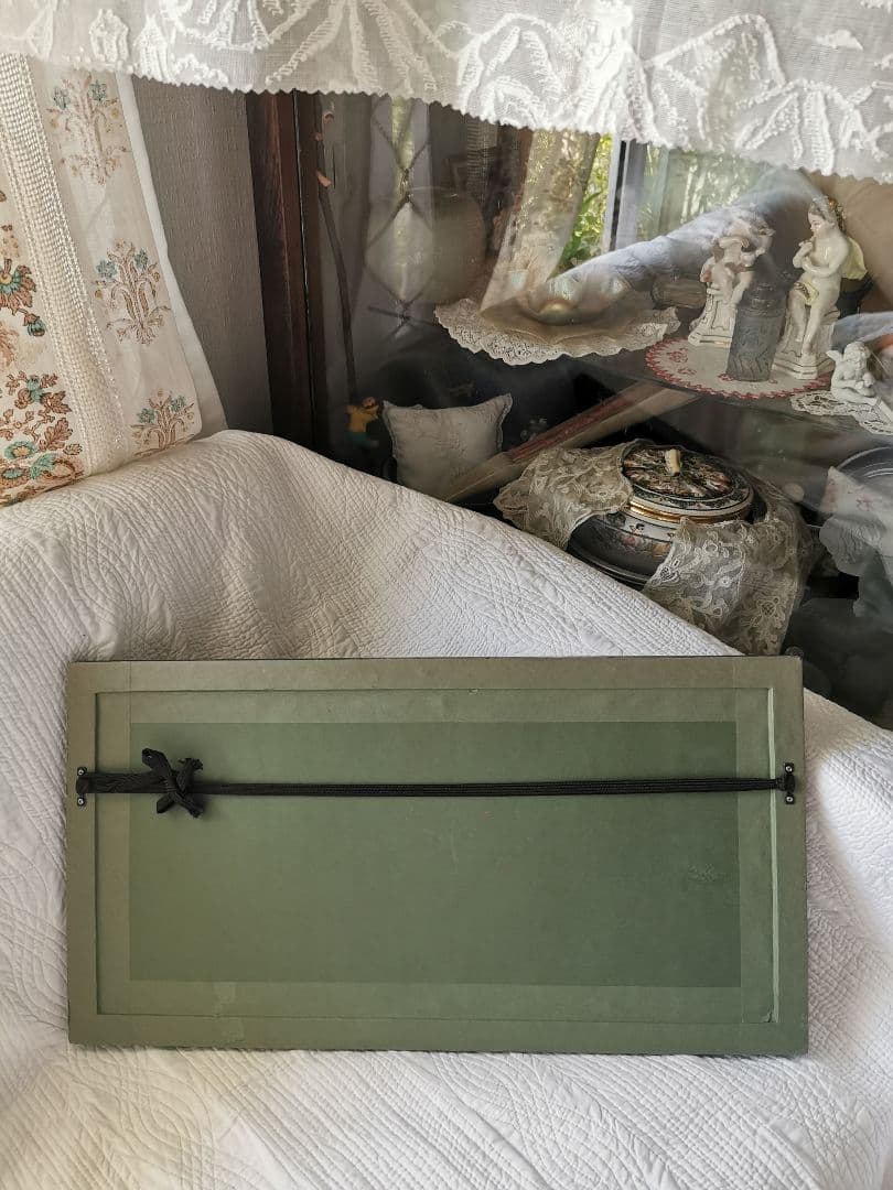 アンティークガラスフレーム 手描きシルク扇 天使と女性 ハンドペイントファン額装