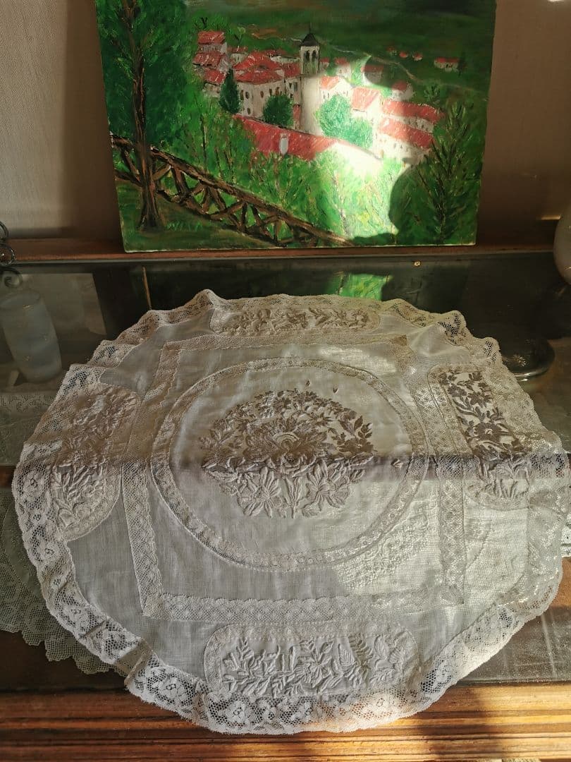 アンティーク フランス 美しい盛上刺繍 ノルマンディーレース 象牙色アイボリー